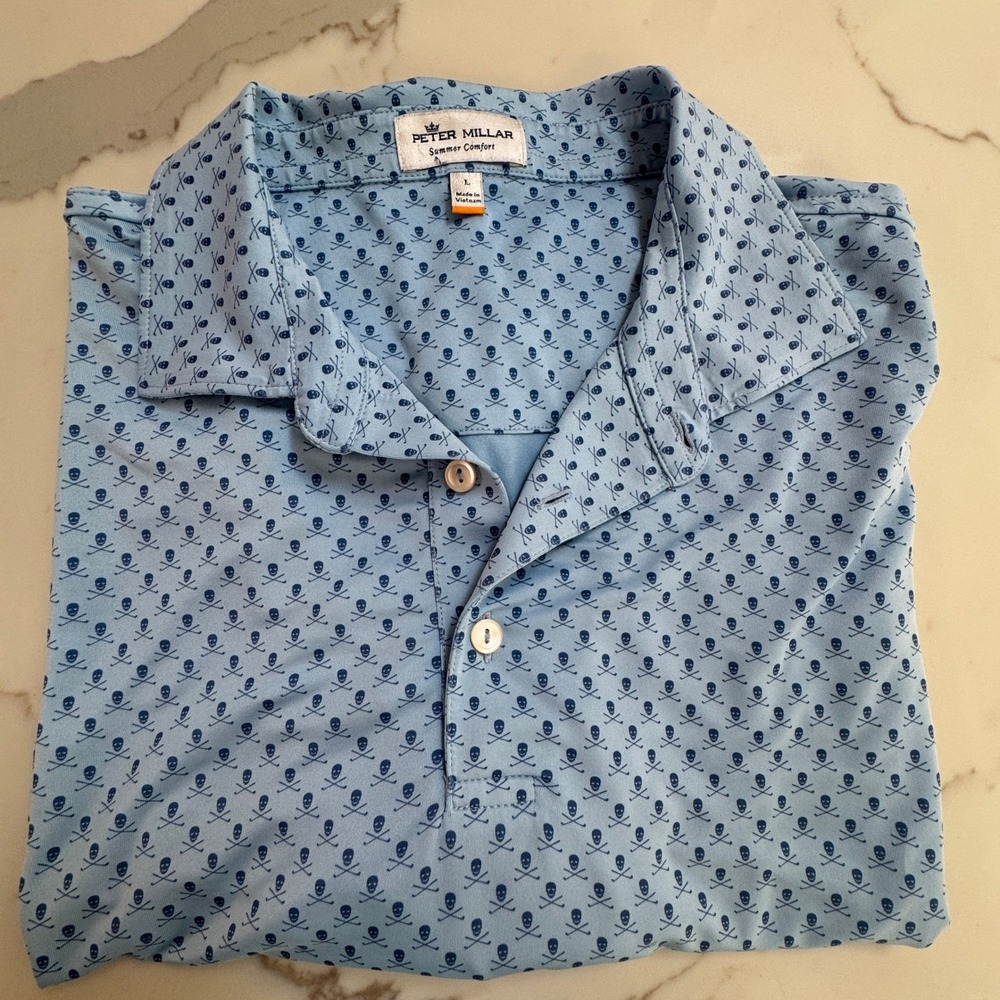 Peter Millar Polo Skull Crossbones Summer Comfort Blue Golf Shirt Mens Size L - Picture 7 of 12
